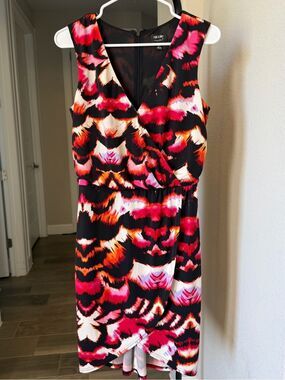Nicole by Nicole Miller  Multicolor Pink & Black Faux Wrap-Style Midi Dress S